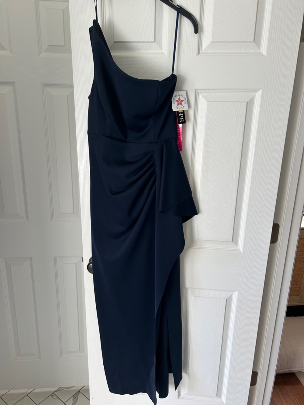 Xscape One-Shoulder Navy Ruffle Column Gown - Picture 6 of 11